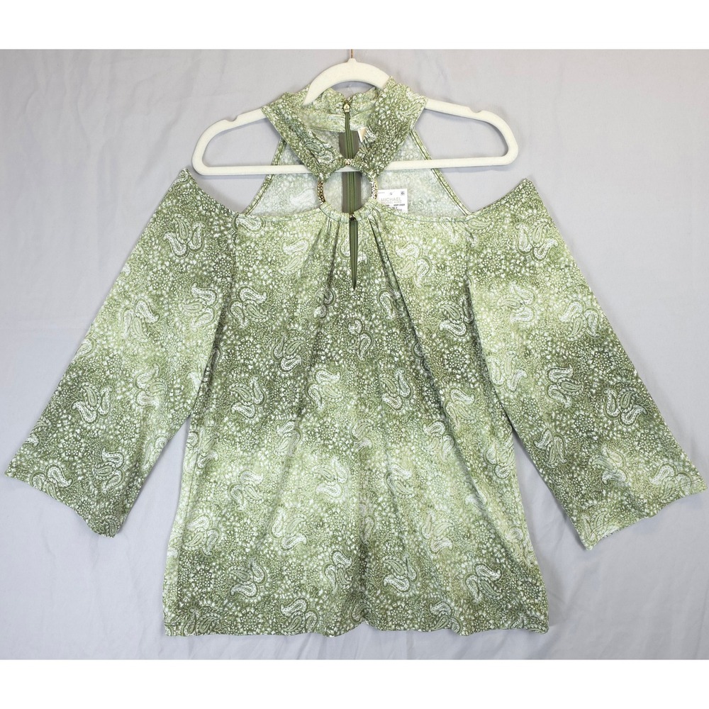 Michael Kors Cold Shoulder Paisley Neck Zipper Halter Top Blouse Army Green L